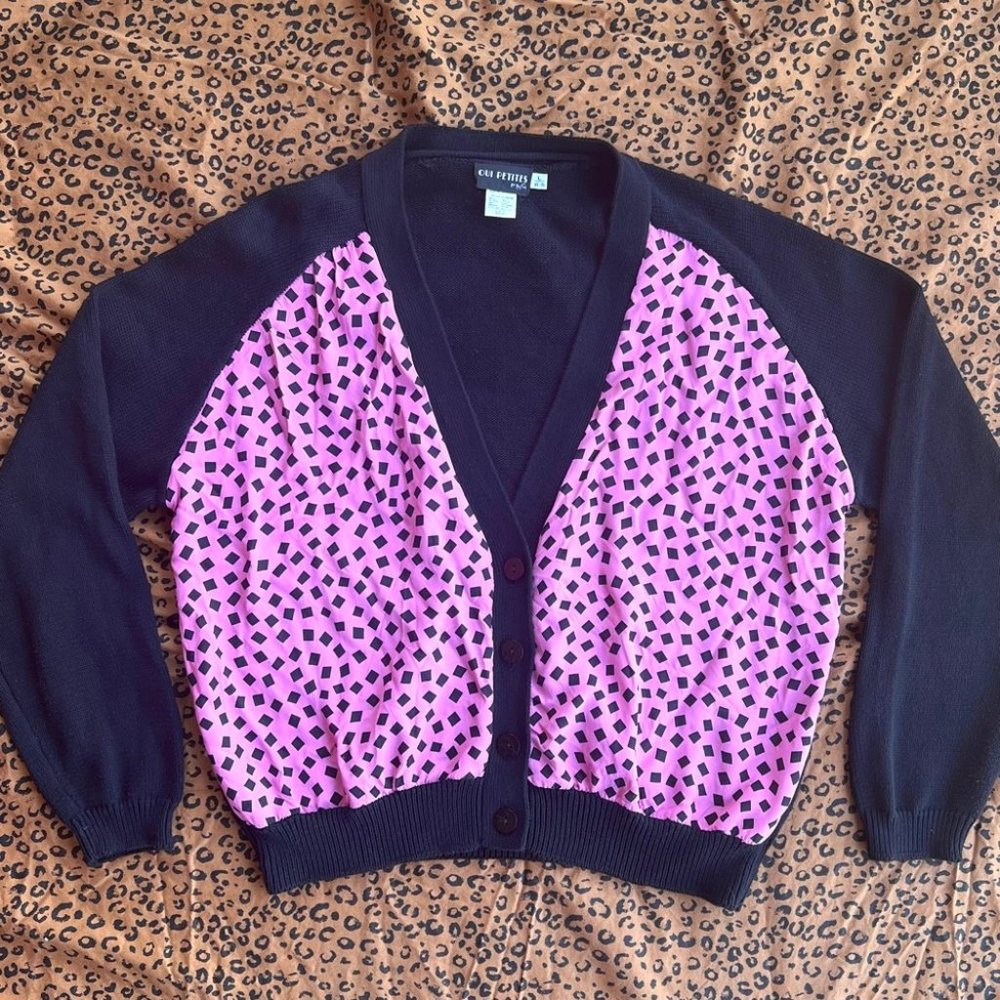 90s vintage pink & black women's cardigan sweater 14P kidcore clowncore bright